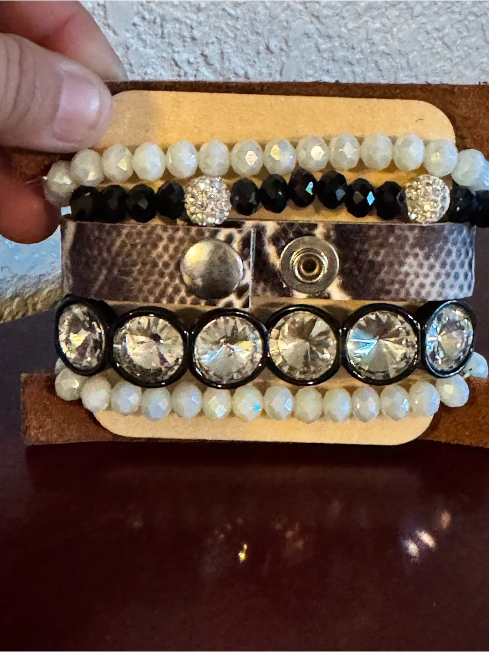 NWT Sandra Ling Upcycled LV Multi-Row White Bead & Leopard Print Charm Bracelet